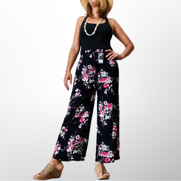 Flower Printed Soft Smocked Waist Cotton Lightweight Boho Traveler Pants One SZ - Picture 1 of 12
